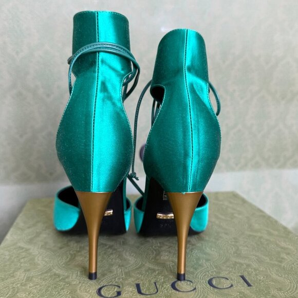 GUCCI 752966 Priscilla Emerald Green Satin Strap Gold Stiletto Heel 36+, US 6.5 - Picture 9 of 16